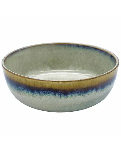 Bohemian soup bowl with a glossy grey interior, featuring a speckled reactive glaze of blue and brown around the rim.