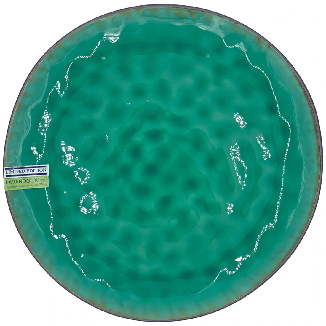 A round, reactive glazed ceramic dinner plate with a green crackle pattern effect.