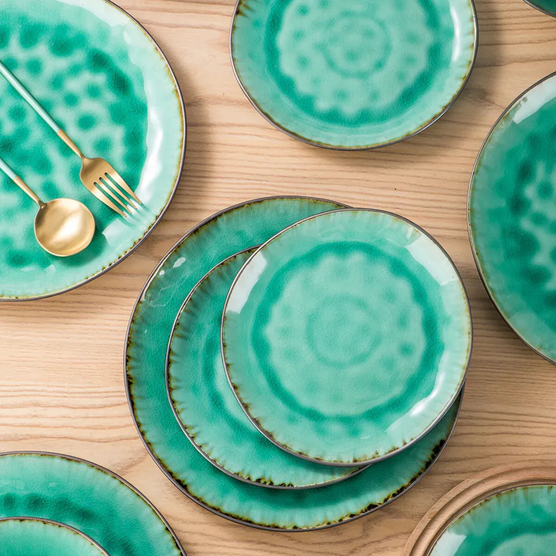Stoneware Dinner Plate Set in Green - each piece is one of a kind!