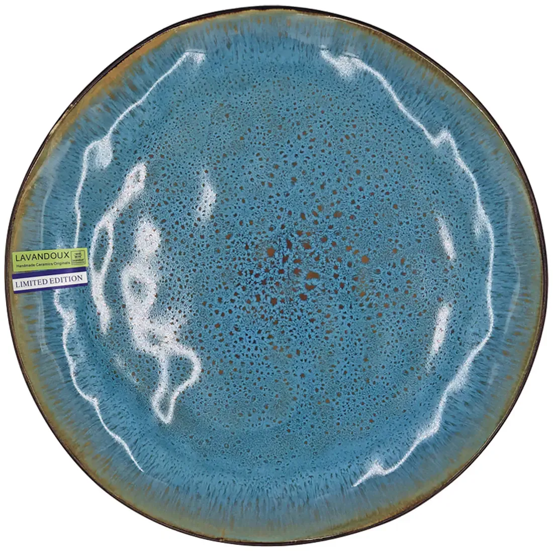 Een rond, reactief geglazuurd dinerbord blauw getint craquelépatroon van keramiek.