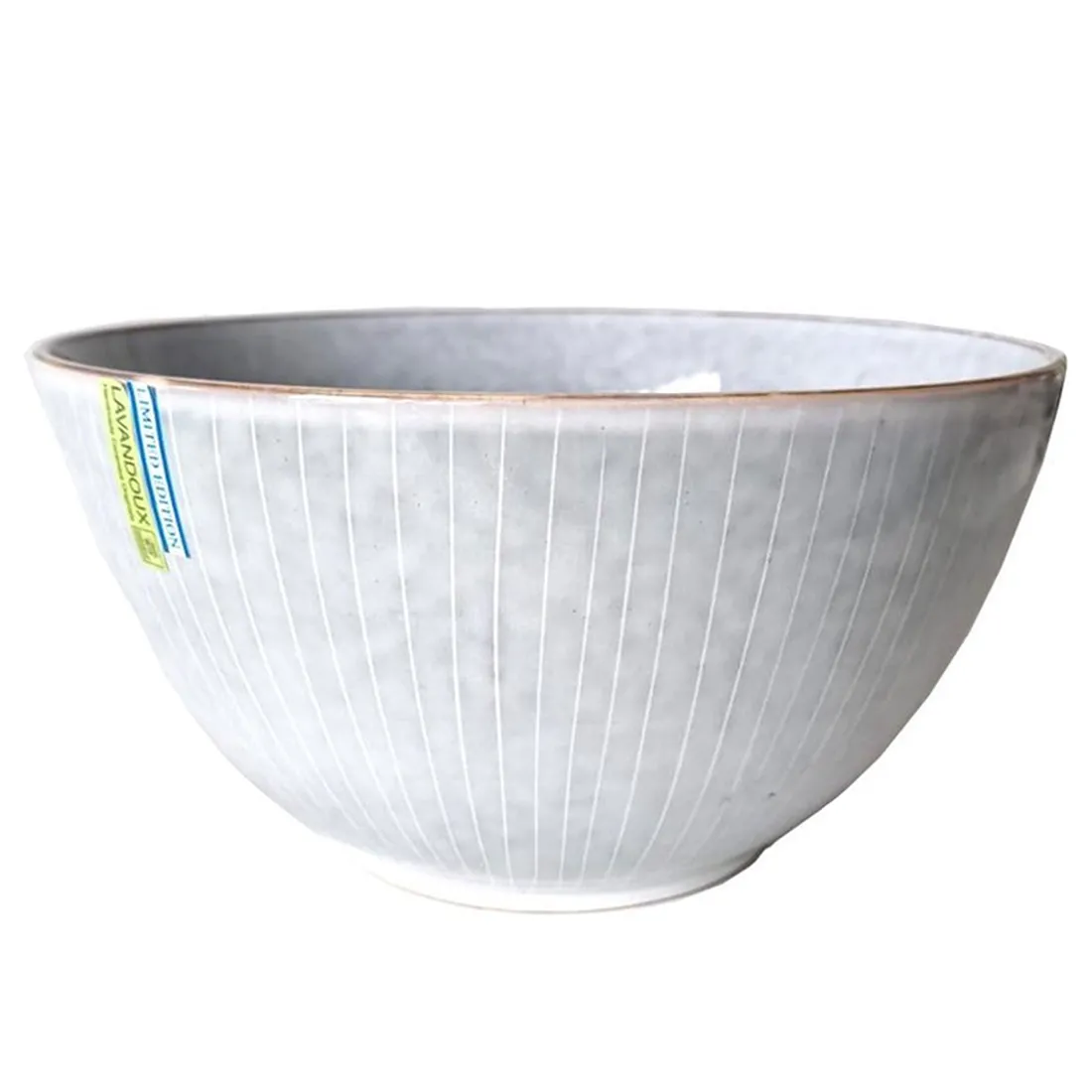 A large ceramic salad bowl, featuring a Nordic grey glaze and contrasting vertical white lines.