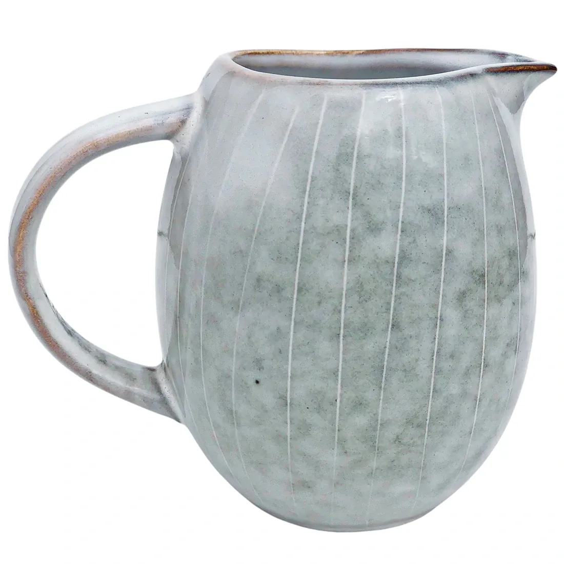 A ceramic milk jug with a rounded shape, featuring a Nordic grey glaze and contrasting vertical white lines.