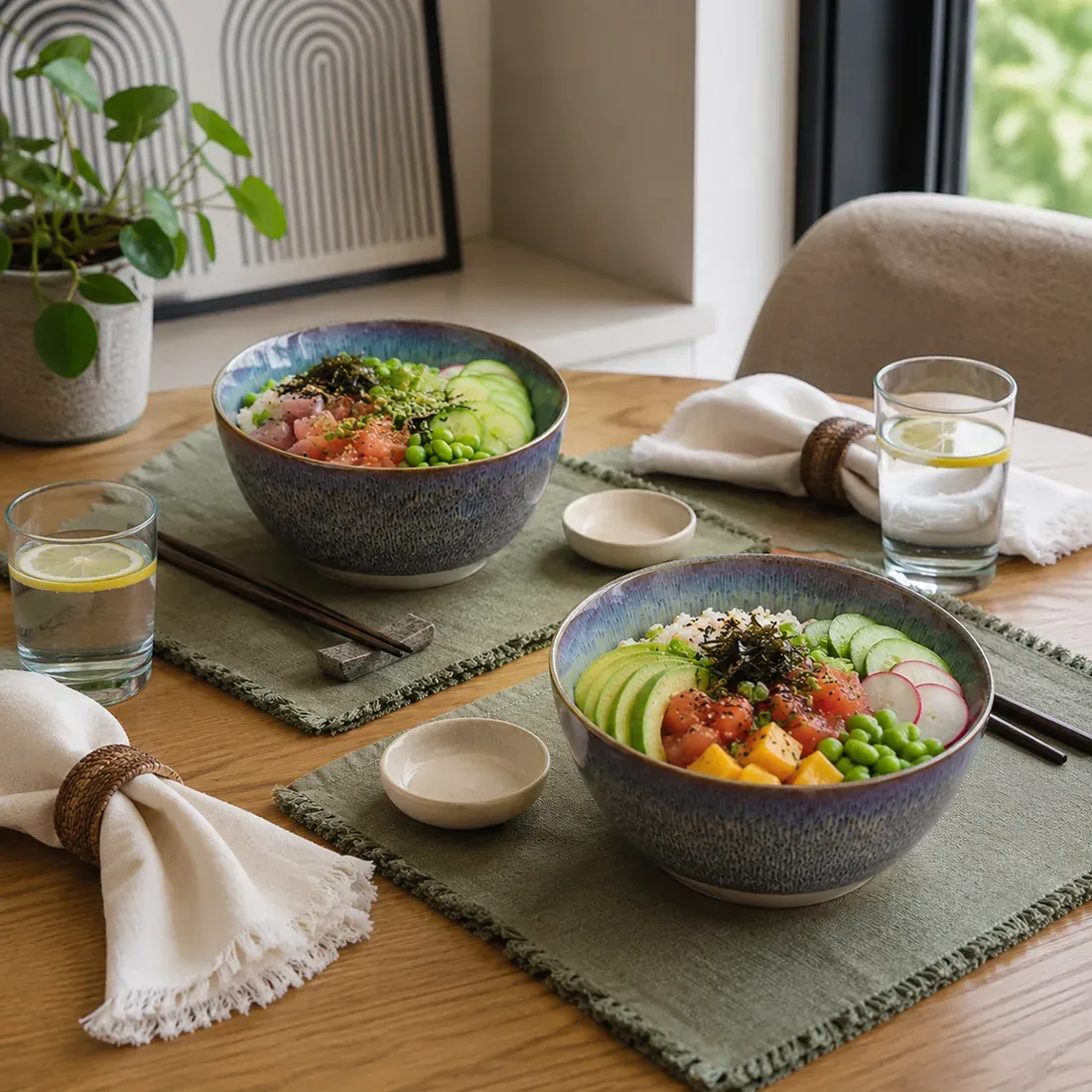 Peacock Ramen Bowl Set - handcrafted ceramic noodle bowl sSet