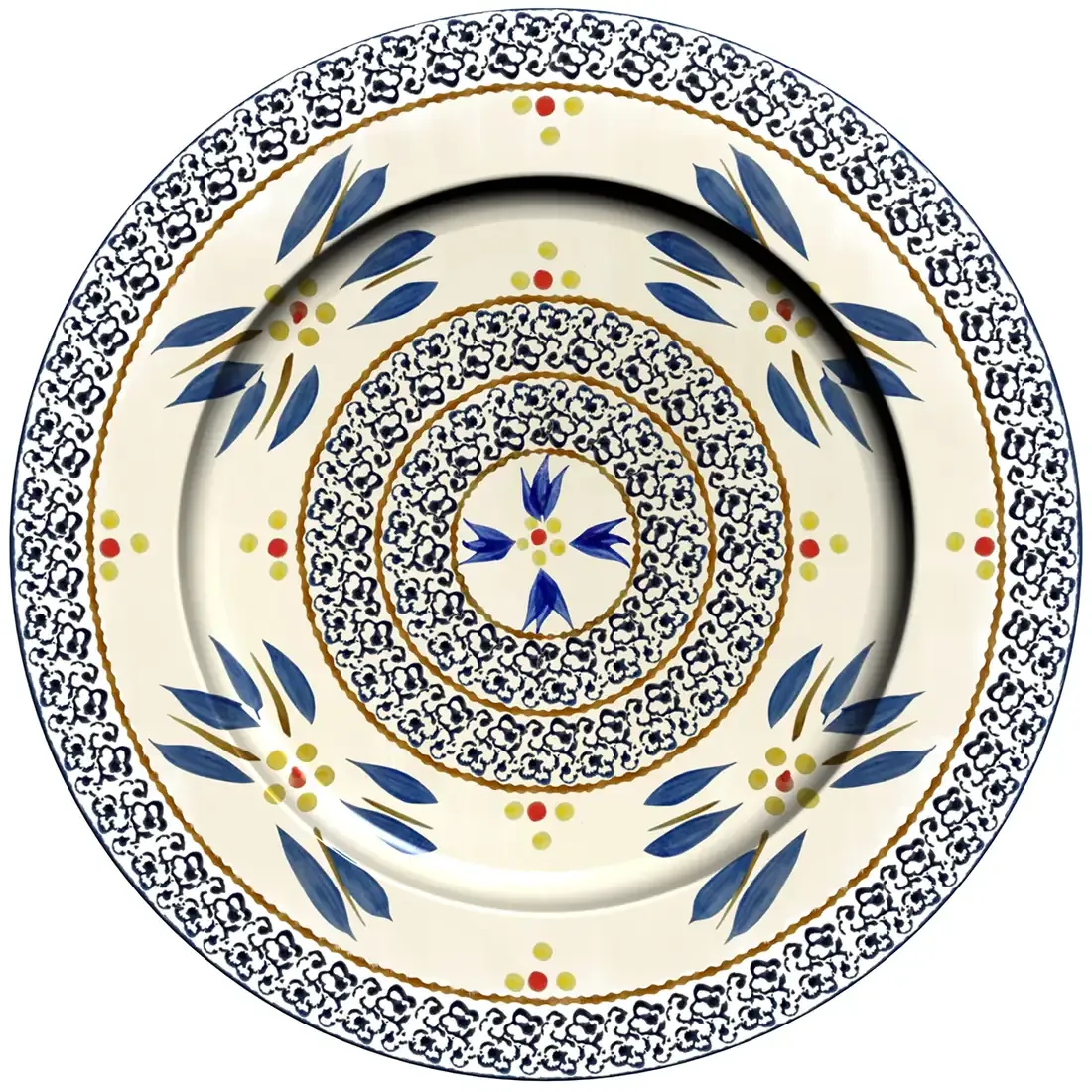A decorative metal charger plate featuring a central circular pattern with blue flowers and colourful dots.