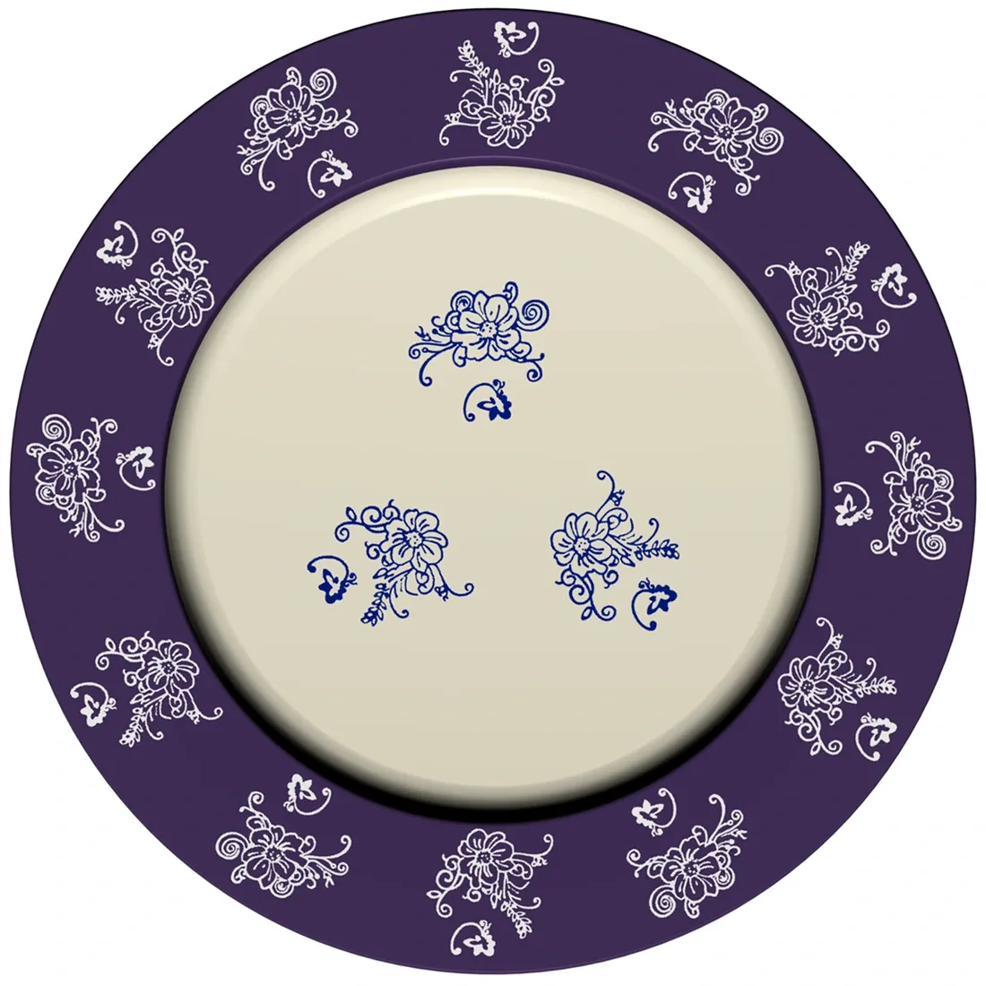 A decorative charger plate featuring a cream center and a blue rim adorned with intricate white floral designs.