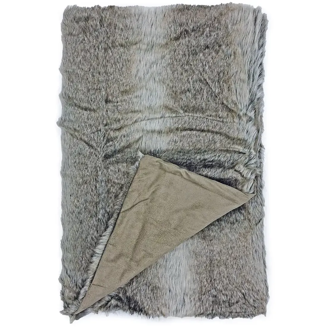 Soft taupe faux fur throw blanket with a taupe suede underside, folded to reveal both textures.