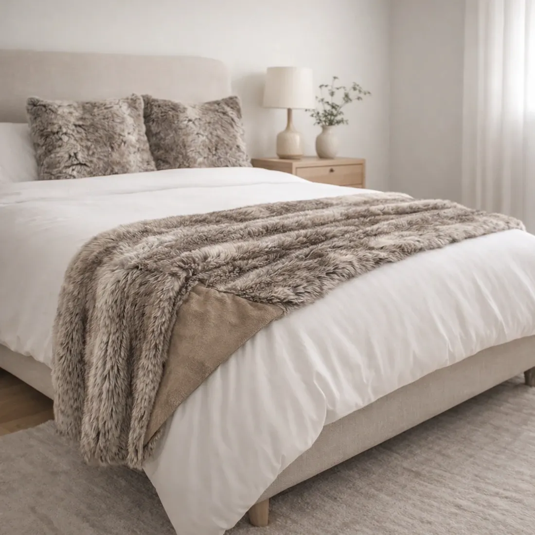 Taupe Plaid - zachte textuur van imitatiebont en 100% vegan