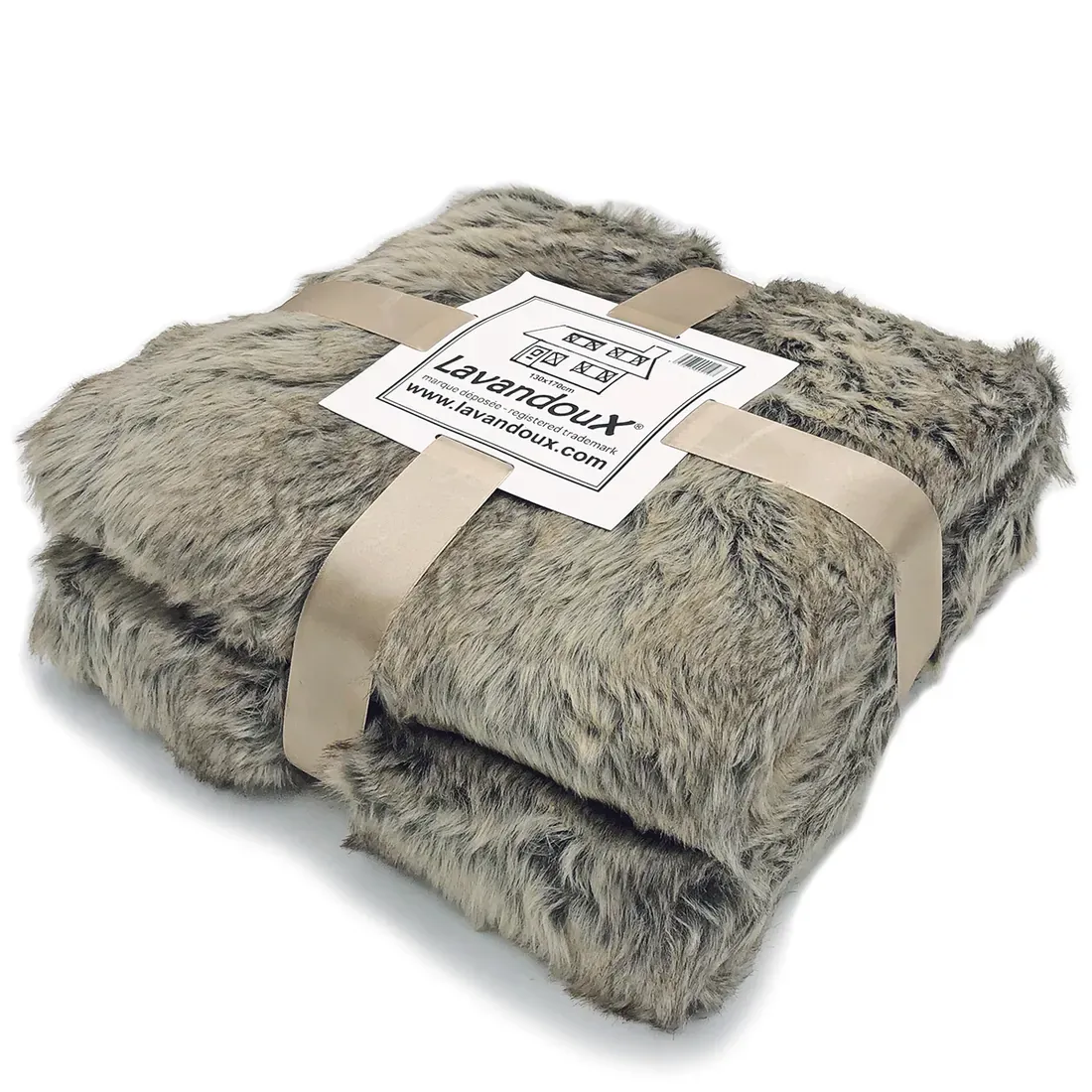 Folded taupe faux fur throw tied with a taupe ribbon and labeled with the brand "Lavandoux."
