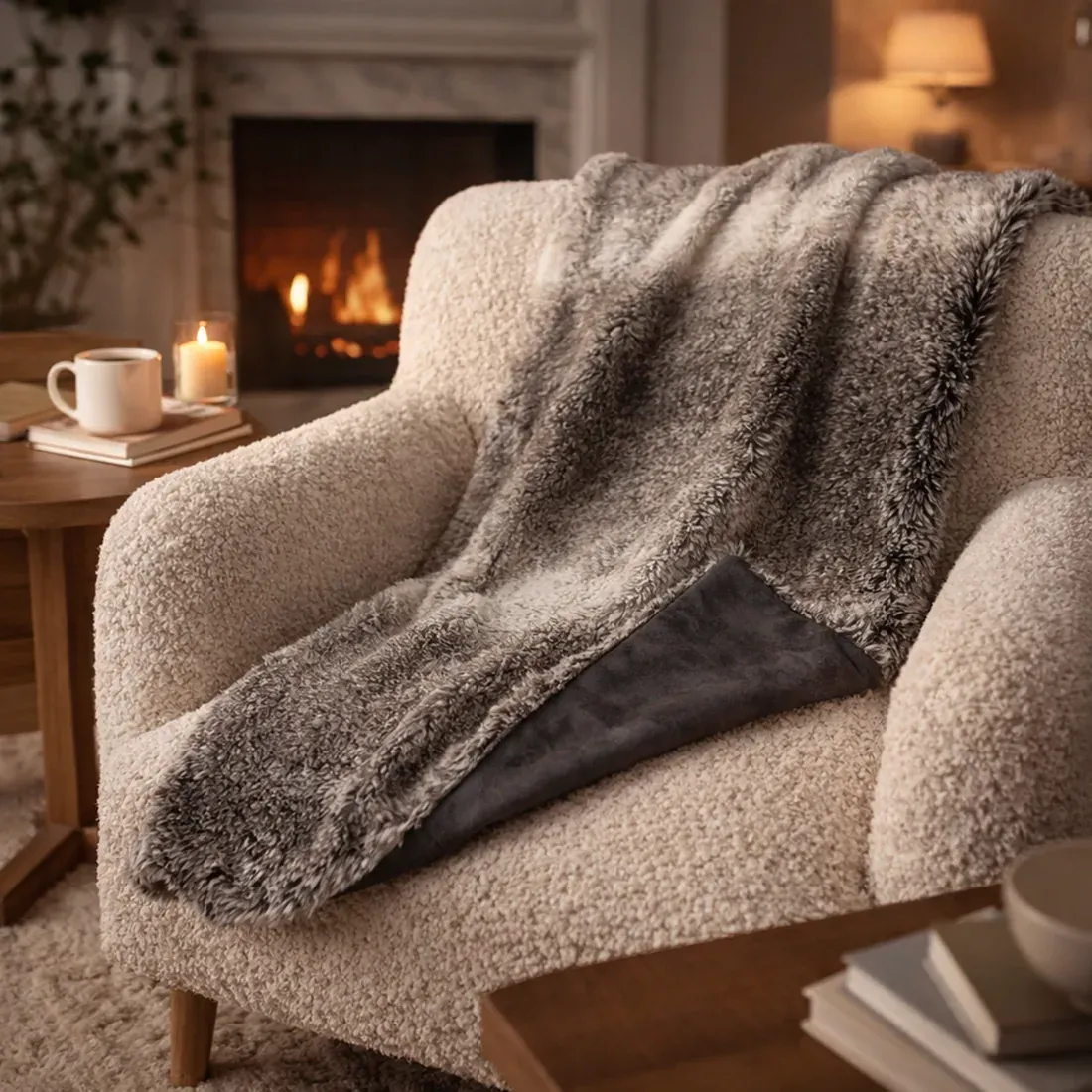 Gezellige fauteuil met een zachte, grijze deken van imitatiebont in een warme woonkamer met een brandende open haard.