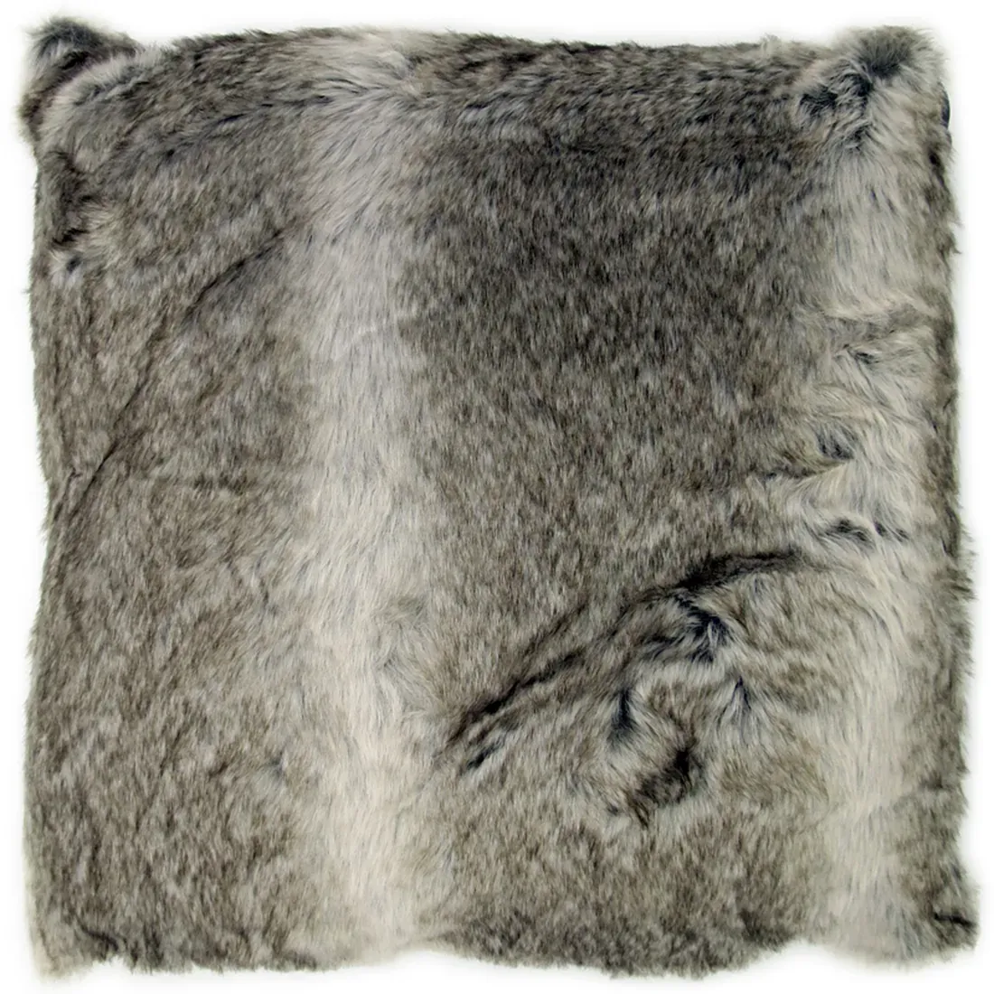 Grey faux fur cushion with a soft, fluffy texture in shades of grey and brown.