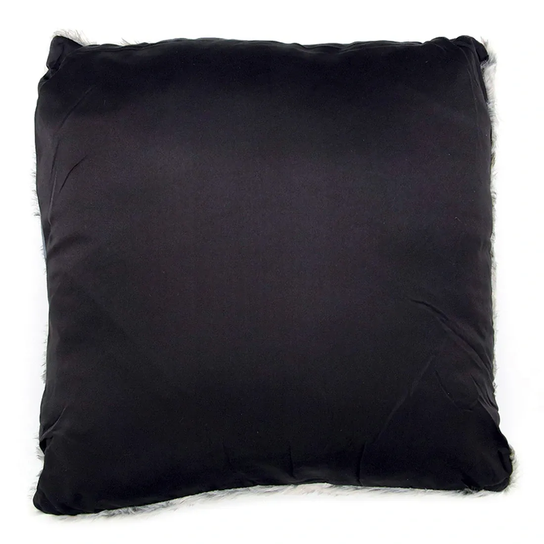 Reverse side of the grey fur cushion showing the smooth satin material.