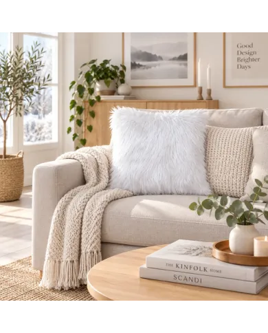 Bright, cosy living room with a beige sofa, white faux fur cushion and coffee table books.