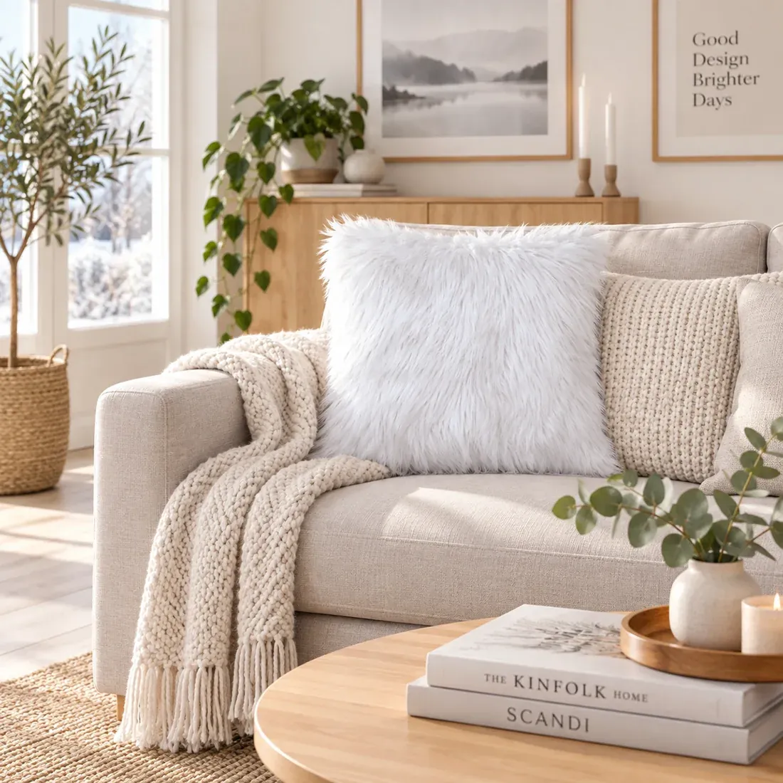 Bright, cosy living room with a beige sofa, white faux fur cushion and coffee table books.