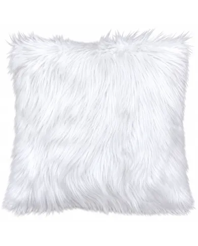 A fluffy white faux fur cushion on a white background.