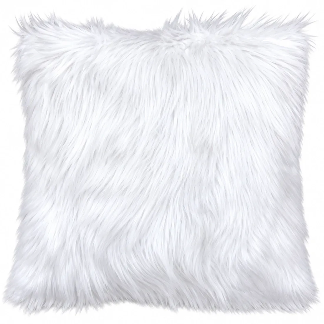 A fluffy white faux fur cushion on a white background.