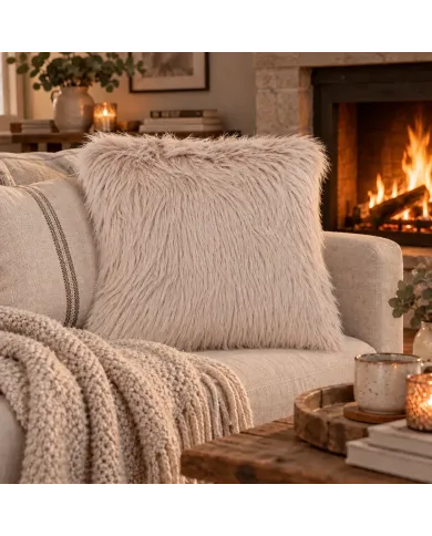 Cosy living room with a fluffy beige faux fur cushion on a sofa beside a warmly glowing fireplace.