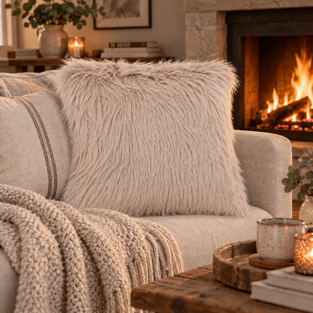 Fluffy Beige Faux Fur Cushion - for a cosy, warm atmosphere