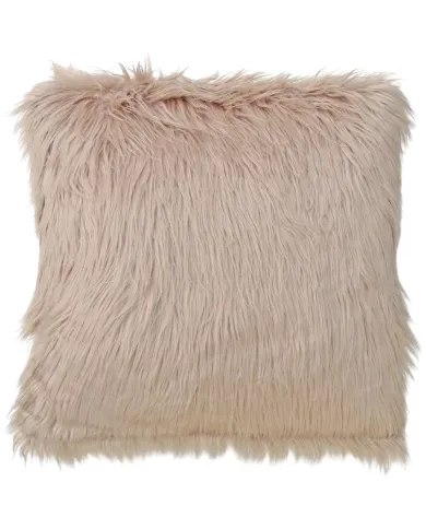 A fluffy beige faux fur cushion on a white background.