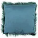 The back of the teal faux fur cushion, showing the soft faux suede.