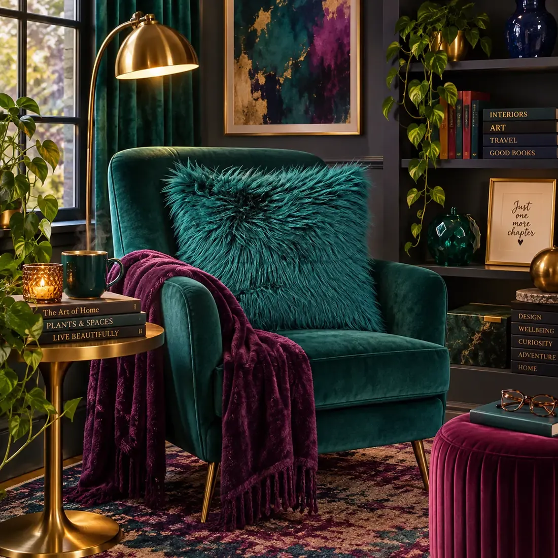 Gezellig leeshoekje in juweelkleuren met een teal groene fluwelen fauteuil en een fluffy teal groene sierkussen.
