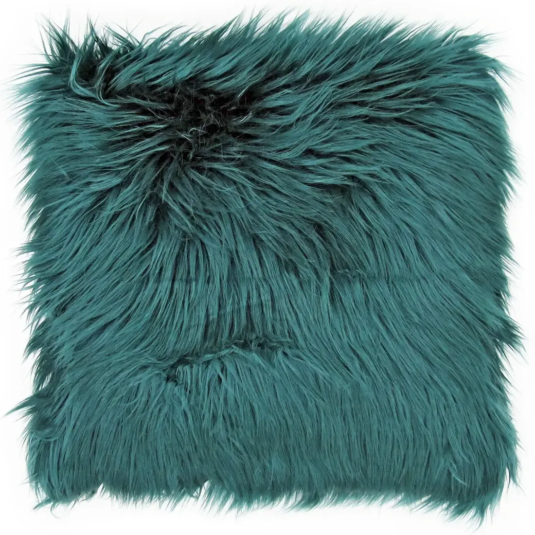 A fluffy teal faux fur decorative cushion on a white background.