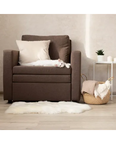 White cat lounging on a brown armchair with a white sheepskin rug in front.