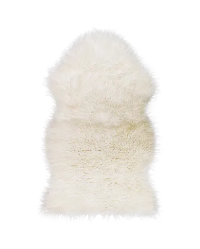 Classically shaped white sheepskin rug made of soft and luxurious faux fur.
