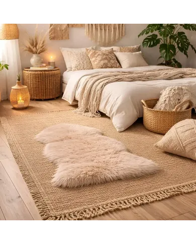 Cosy bohemian bedroom with white bedding, a woven area rug and a beige sheepskin rug.