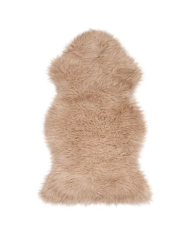 Classically shaped beige sheepskin rug made of soft and luxurious faux fur.