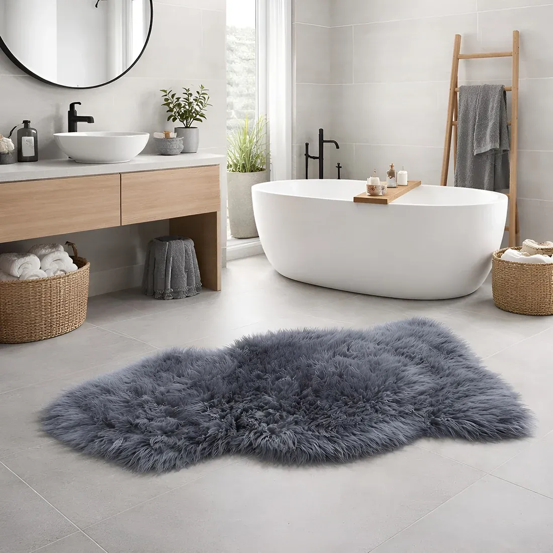 Modern bathroom with a freestanding white tub and a plush grey sheepskin rug on a tile floor.