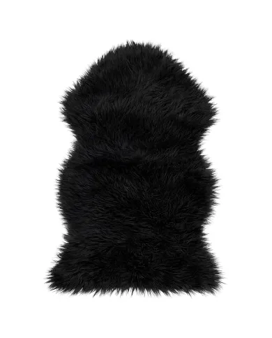 Classically shaped black sheepskin rug made of soft and luxurious faux fur.