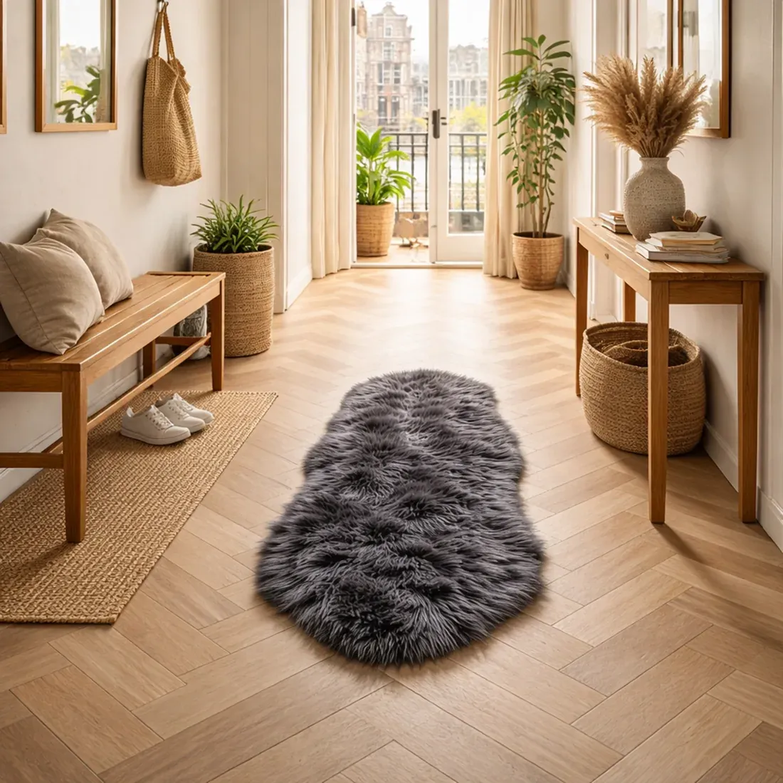Entryway with a grey sheepskin rug, wooden bench, woven baskets and houseplants.