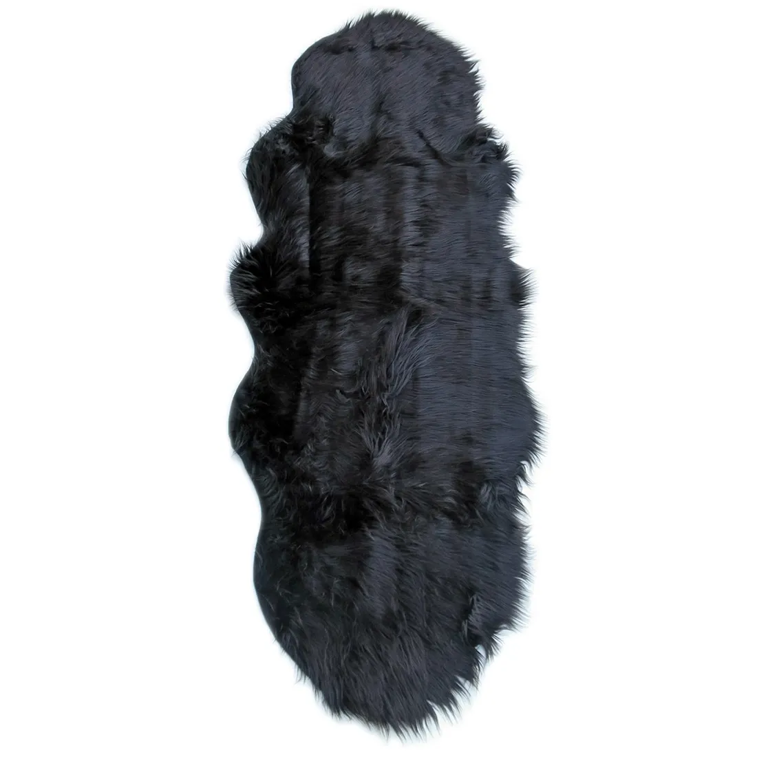 Double pelt faux sheepskin rug made of soft and luxurious black faux fur.