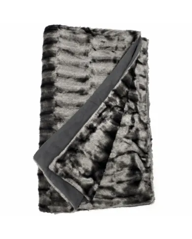 Silver grey faux fur throw blanket with a suede underside, folded to reveal both textures.