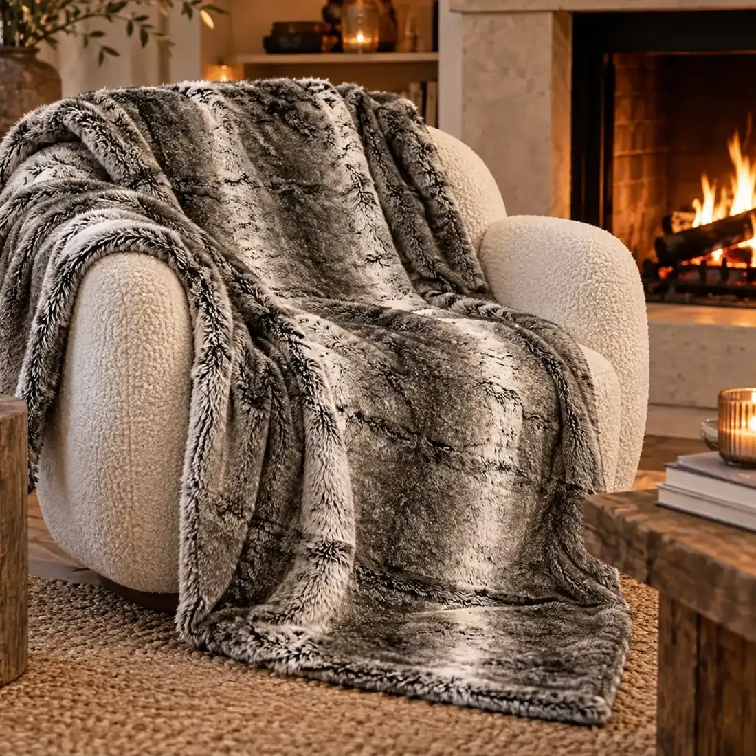 Cosy armchair with a soft grey faux fur throw blanket in a warm living room with a lit fireplace.