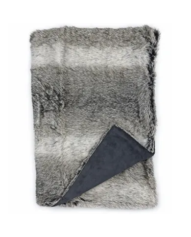 Soft grey faux fur throw blanket with a dark suede underside, folded to reveal both textures.