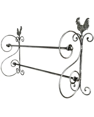 Metal hand towel rack with decorative chicken motifs at each end.