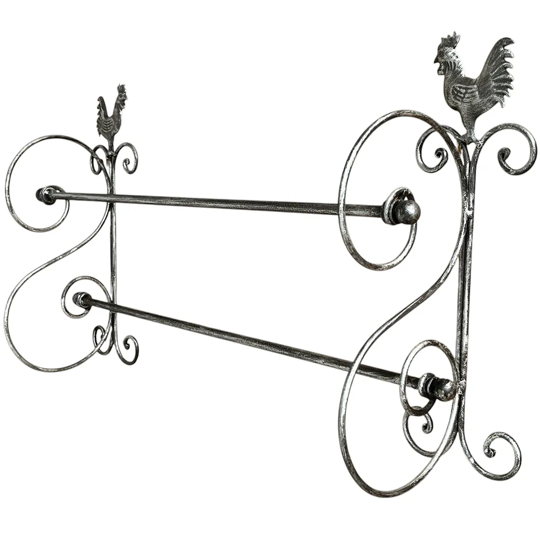 Metalen handdoekrek met decoratieve kippenmotieven aan elk uiteinde.