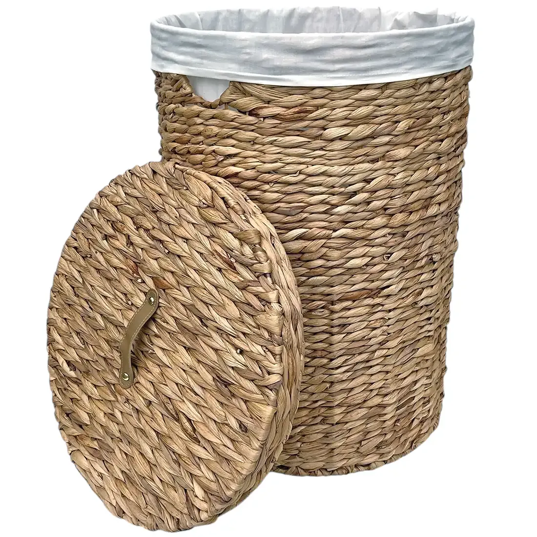 A round water hyacinth laundry basket with white fabric lining and a matching lid.