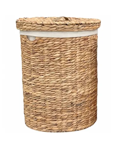 A round water hyacinth XXL laundry basket with a lid and white fabric lining.