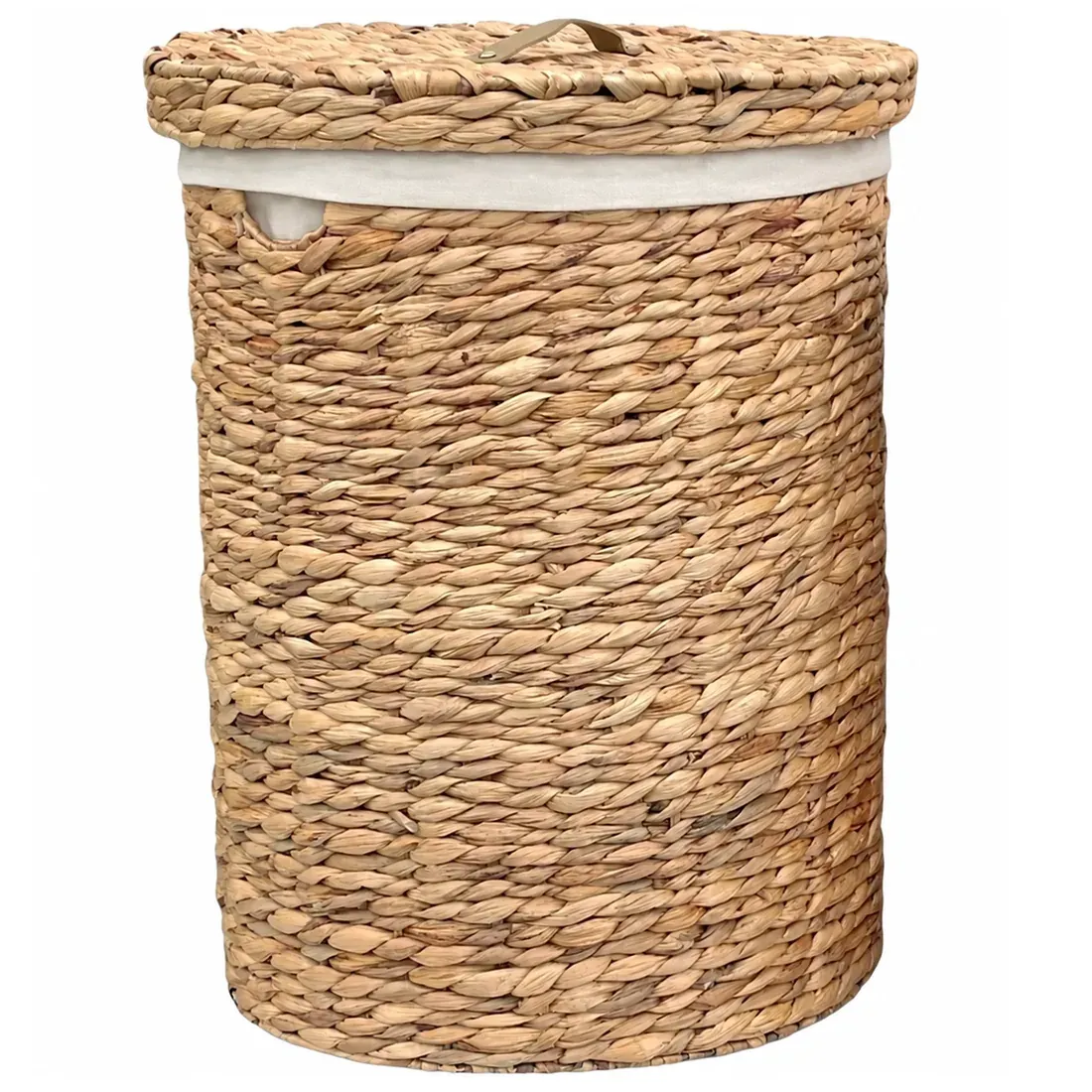 A round water hyacinth XXL laundry basket with a lid and white fabric lining.