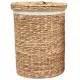 A round water hyacinth XXL laundry basket with a lid and white fabric lining.