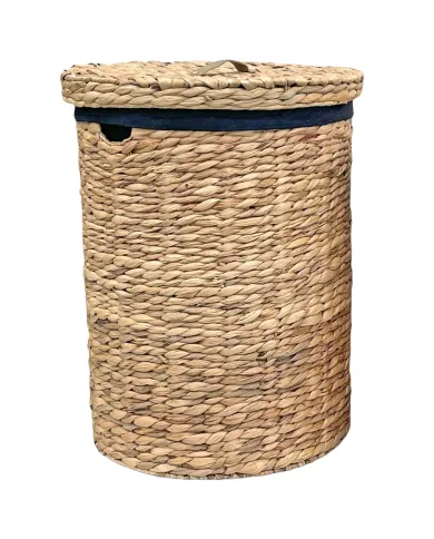 A round water hyacinth XXL laundry basket with a lid and black fabric lining.