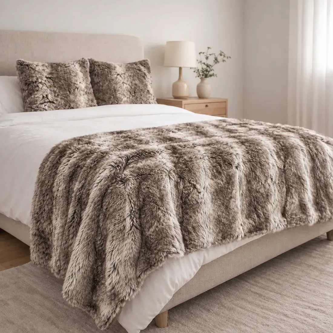Cosy bedroom with a taupe faux fur throw on the bed and matching fur cushions.