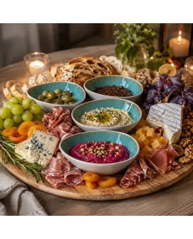 A platter featuring dipping bowls with cheeses, bread, grapes, and various appetizers.
