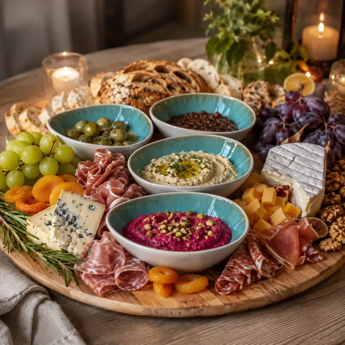 A platter featuring dipping bowls with cheeses, bread, grapes, and various appetizers.