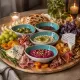 Een plank met borrel schaaltjes gevuld met kaas, brood, druiven en diverse hapjes.