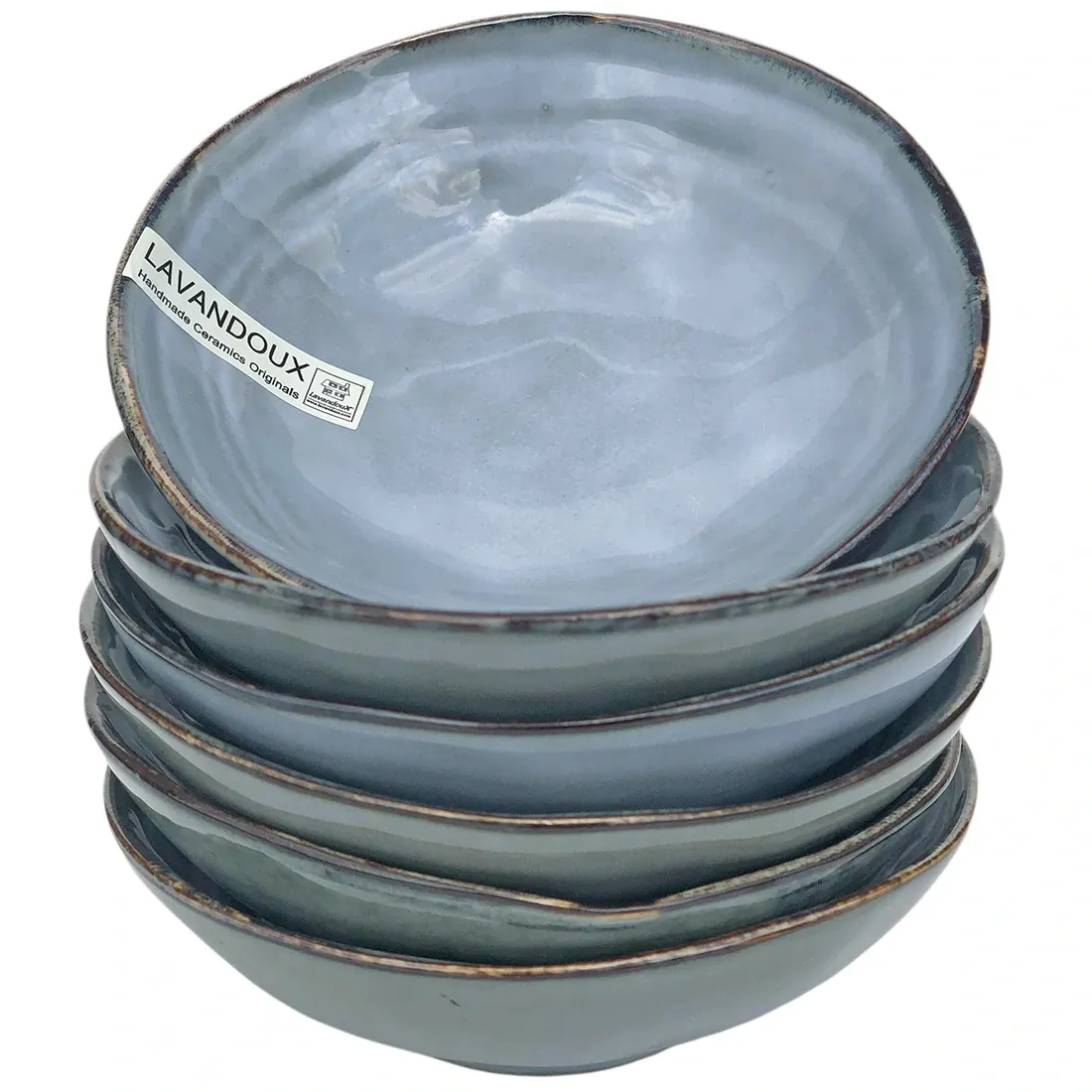 Stack of six elegant, blue tapas bowls with a glossy finish and a rustic edge.