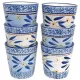 A coffee mug set of six decorative ceramic mugs featuring floral and leaf patterns in blue and white.