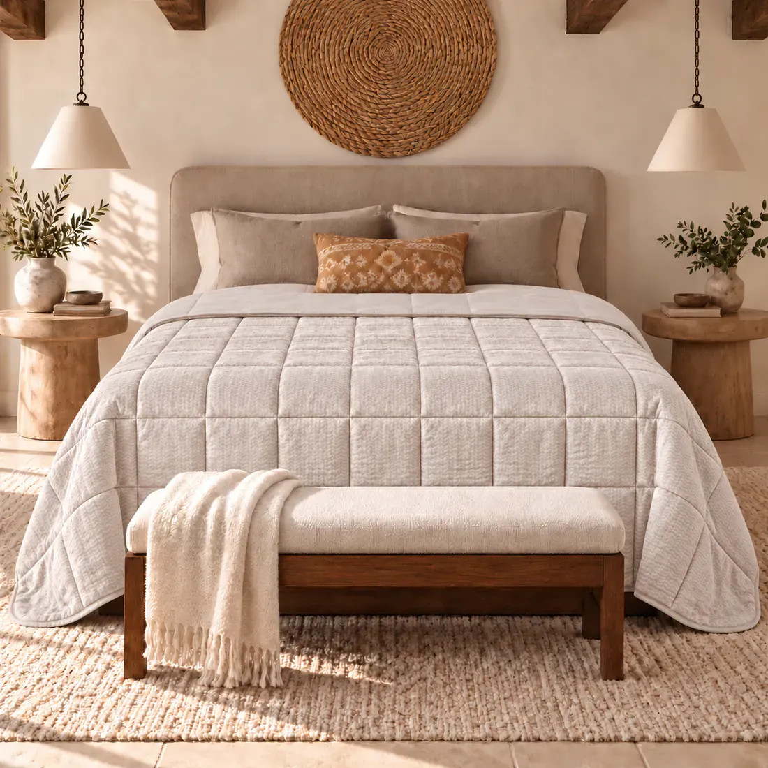 Een warme, neutrale slaapkamer met een velvet dekbed zonder overtrek beige op het bed.